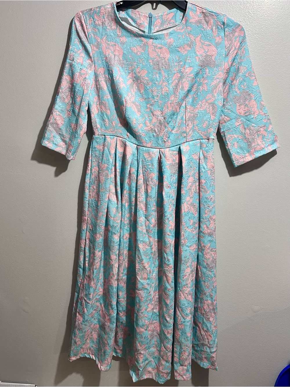 Aqua & Pink Floral Fit-and-Flare Midi Dress Size L (1251)